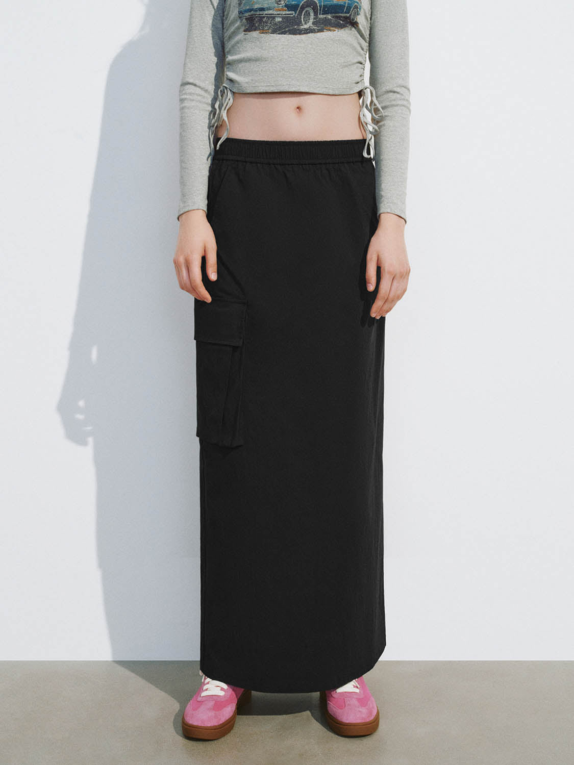 Drawstring Waist Midi Straight Skirt