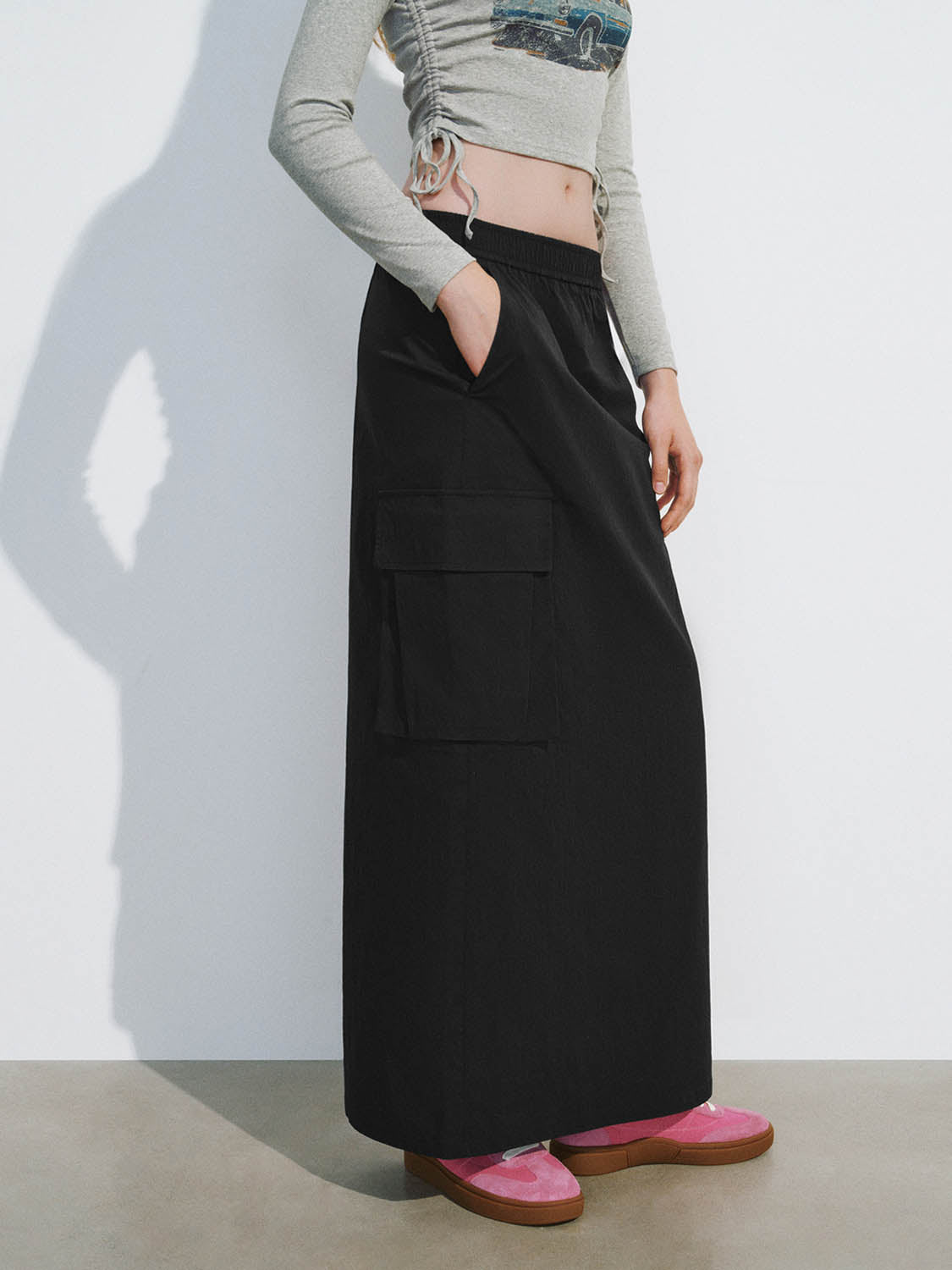 Drawstring Waist Midi Straight Skirt