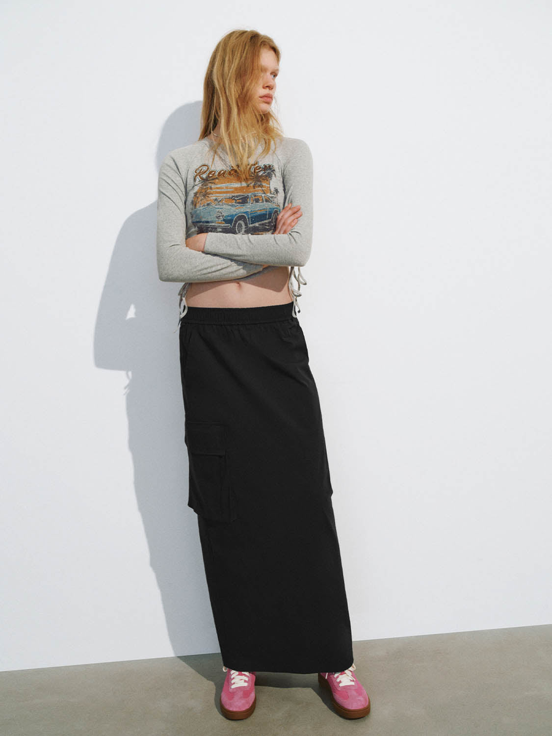 Drawstring Waist Midi Straight Skirt