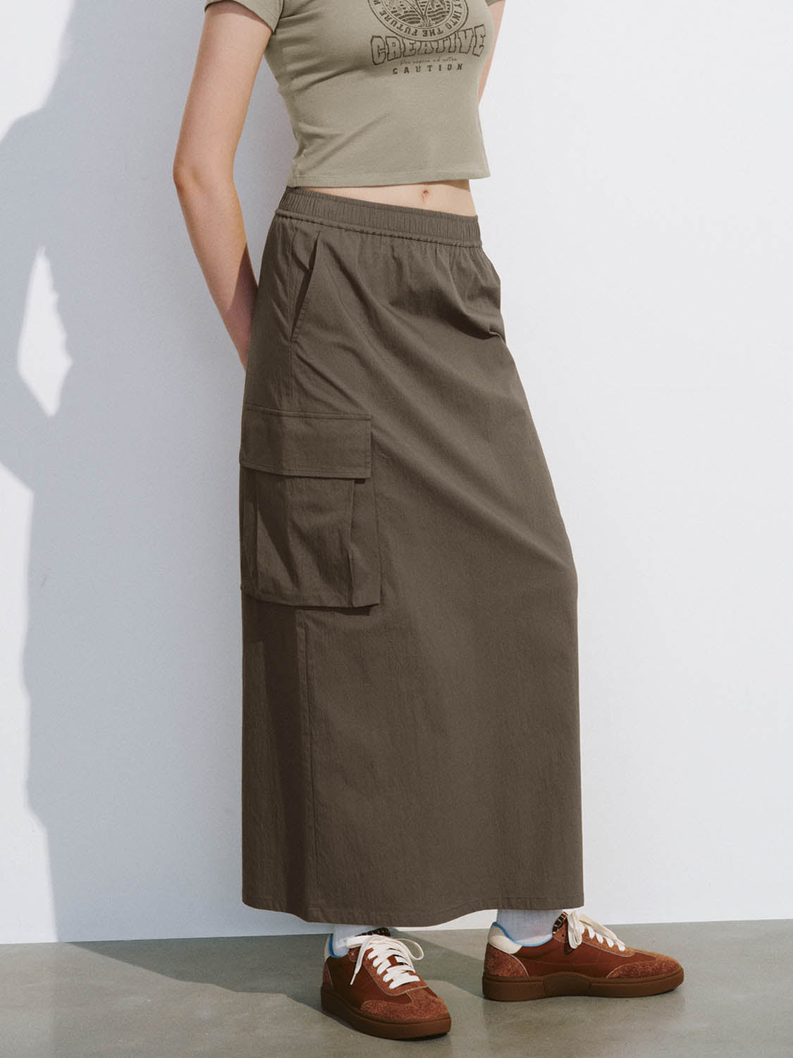 Drawstring Waist Midi Straight Skirt