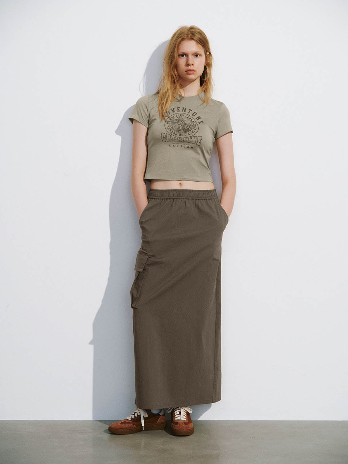 Drawstring Waist Midi Straight Skirt