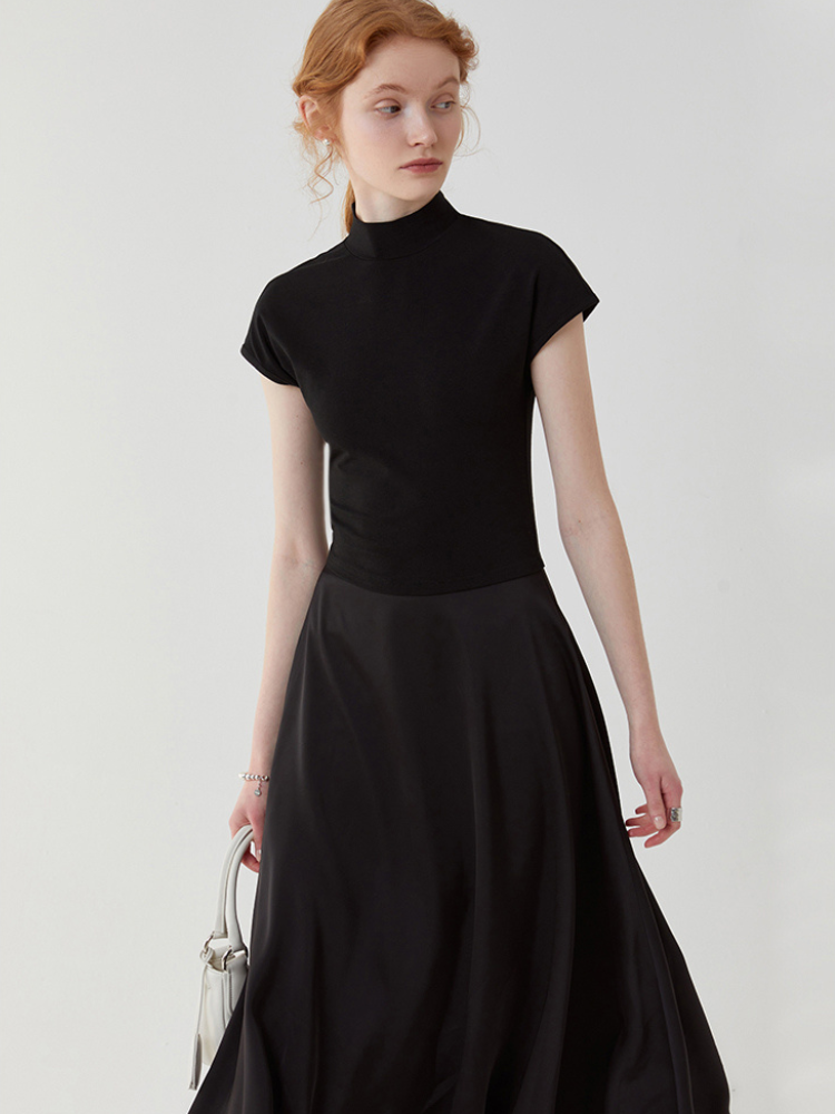 Black High-Neck Satin Panel Dress