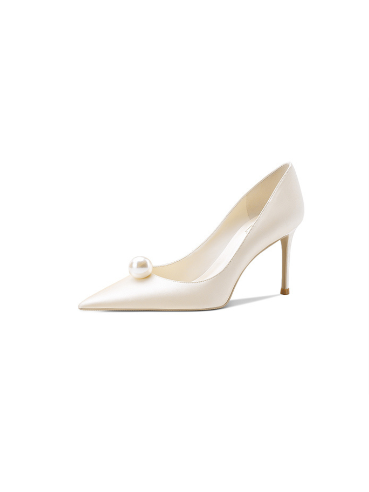 White Satin Pearl High Heels