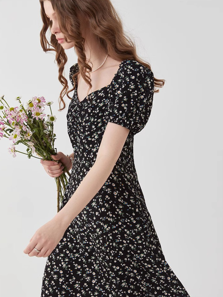 Square Neck Floral Puff Sleeve Mini Dress