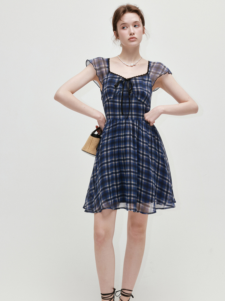 Vintage V-neck Plaid Mesh Dress