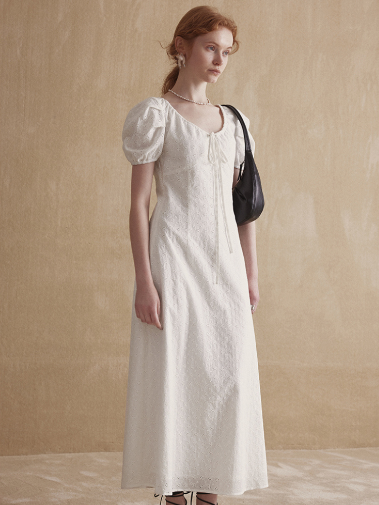 White Puff Sleeve U-neck Embroidered Cinch Waist Dress