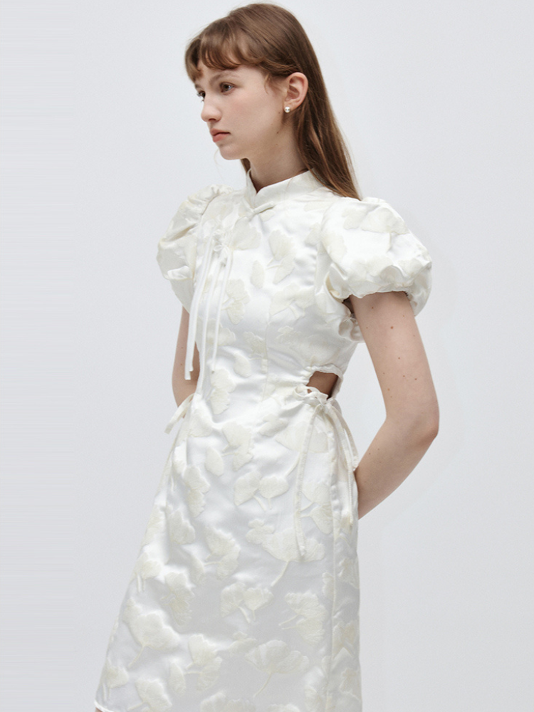 Elegant Jacquard Puff Sleeve Qipao Dress