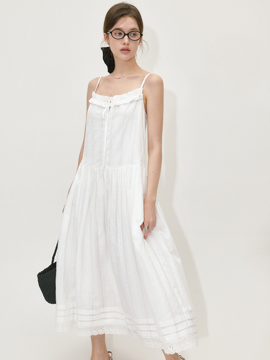 Unique Sleeveless Ruffle Trim Cotton Maxi Dress