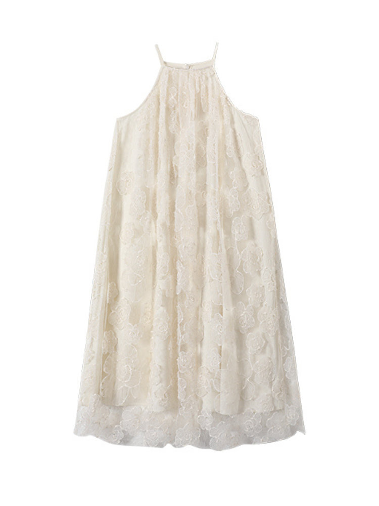 Dreamy Embroidered Lace Organza Halter Dress