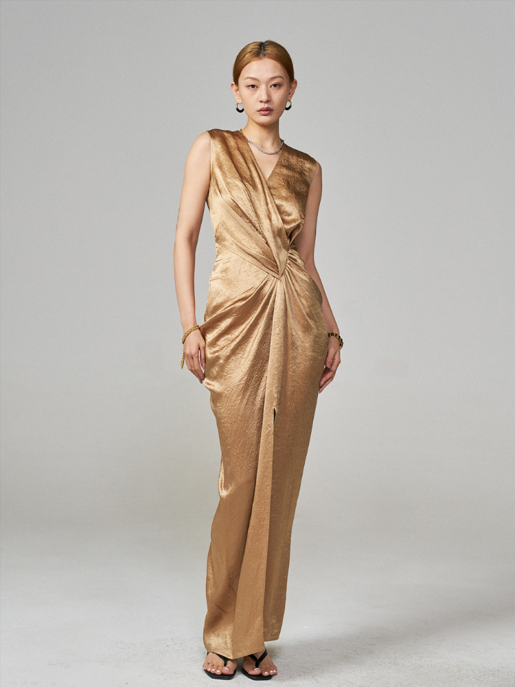 Wrinkled Acetate Satin V-Neck Maxi Dress