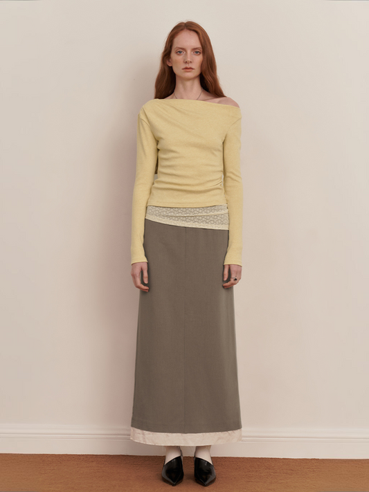 Color-Block Frayed Hem Midi Skirt with Back Slit