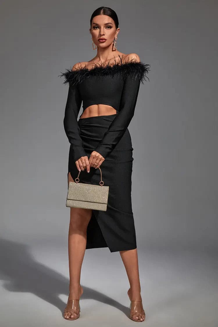 Valentina Black Feather Off-shoulder Dress