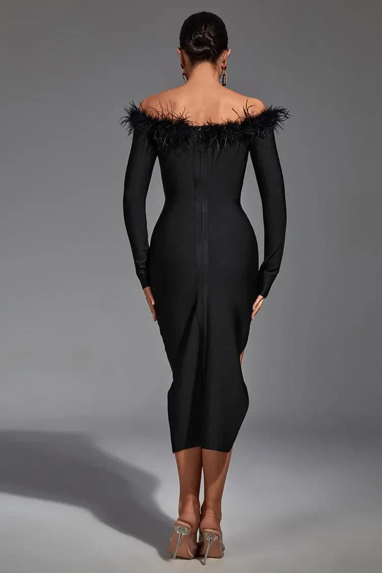 Valentina Black Feather Off-shoulder Dress