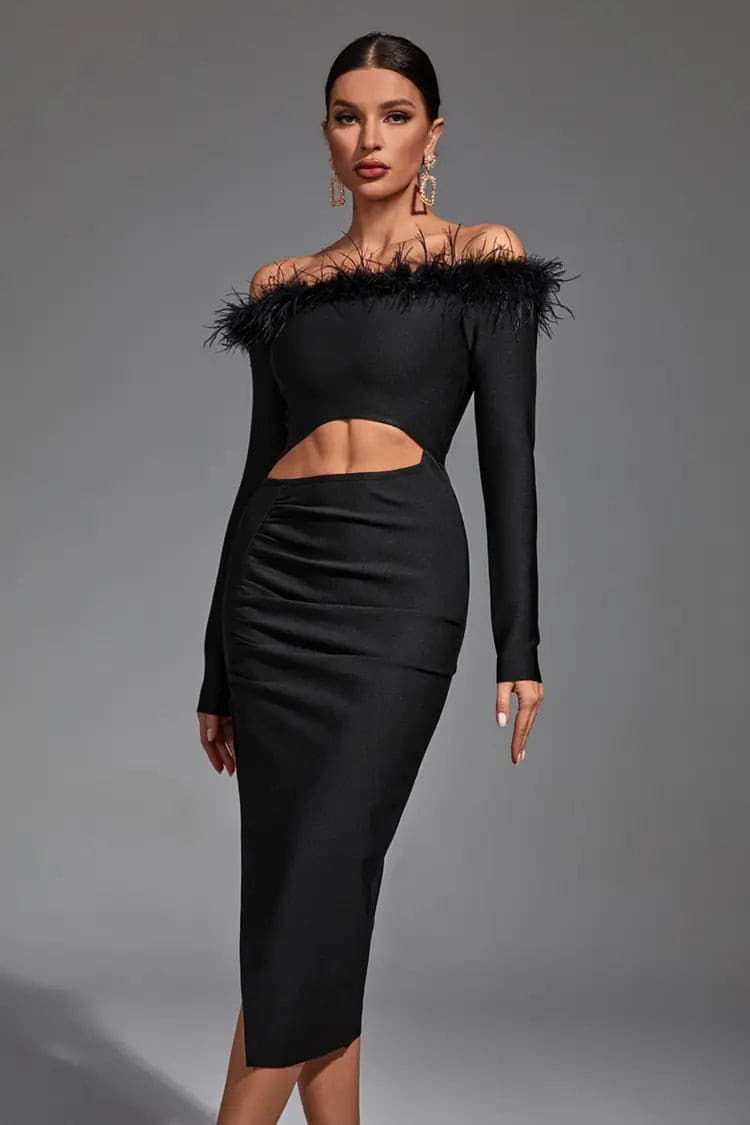 Valentina Black Feather Off-shoulder Dress