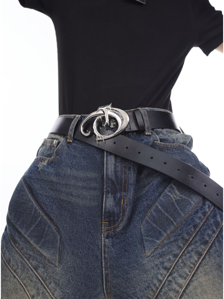 Metal logo PU leather belt