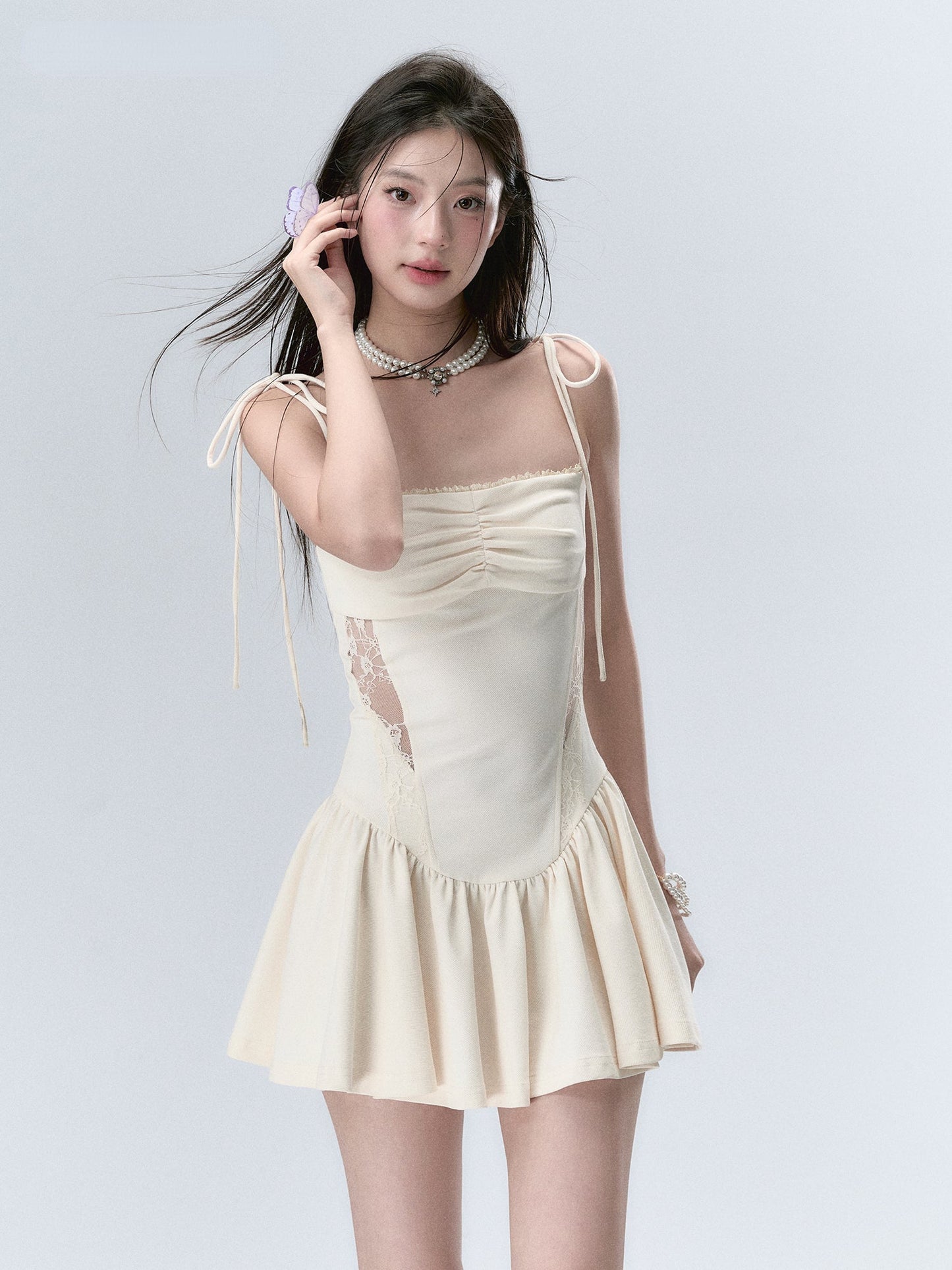 Lace Paneled Spaghetti Strap Mini Dress