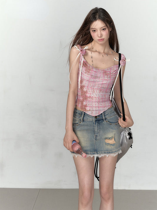 Pink & Yellow Off-Shoulder Mesh Rose Print T-shirt