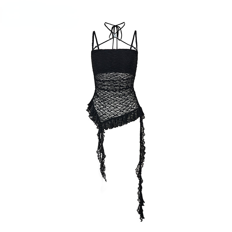 Black Lace Mesh Asymmetrical Tank Top