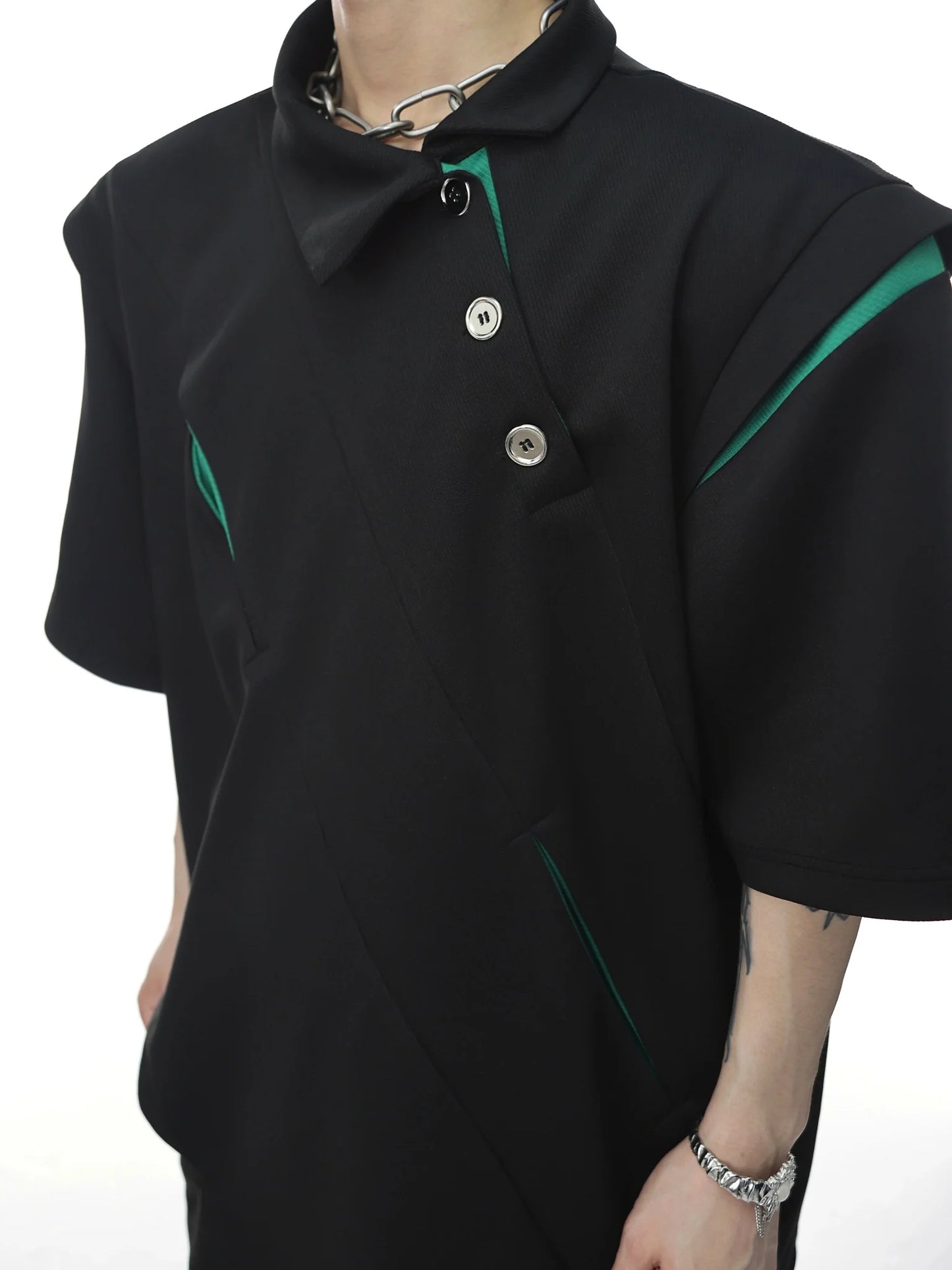 Asymmetrical Collar Short-Sleeve Polo T-Shirt with Metallic Button Detail