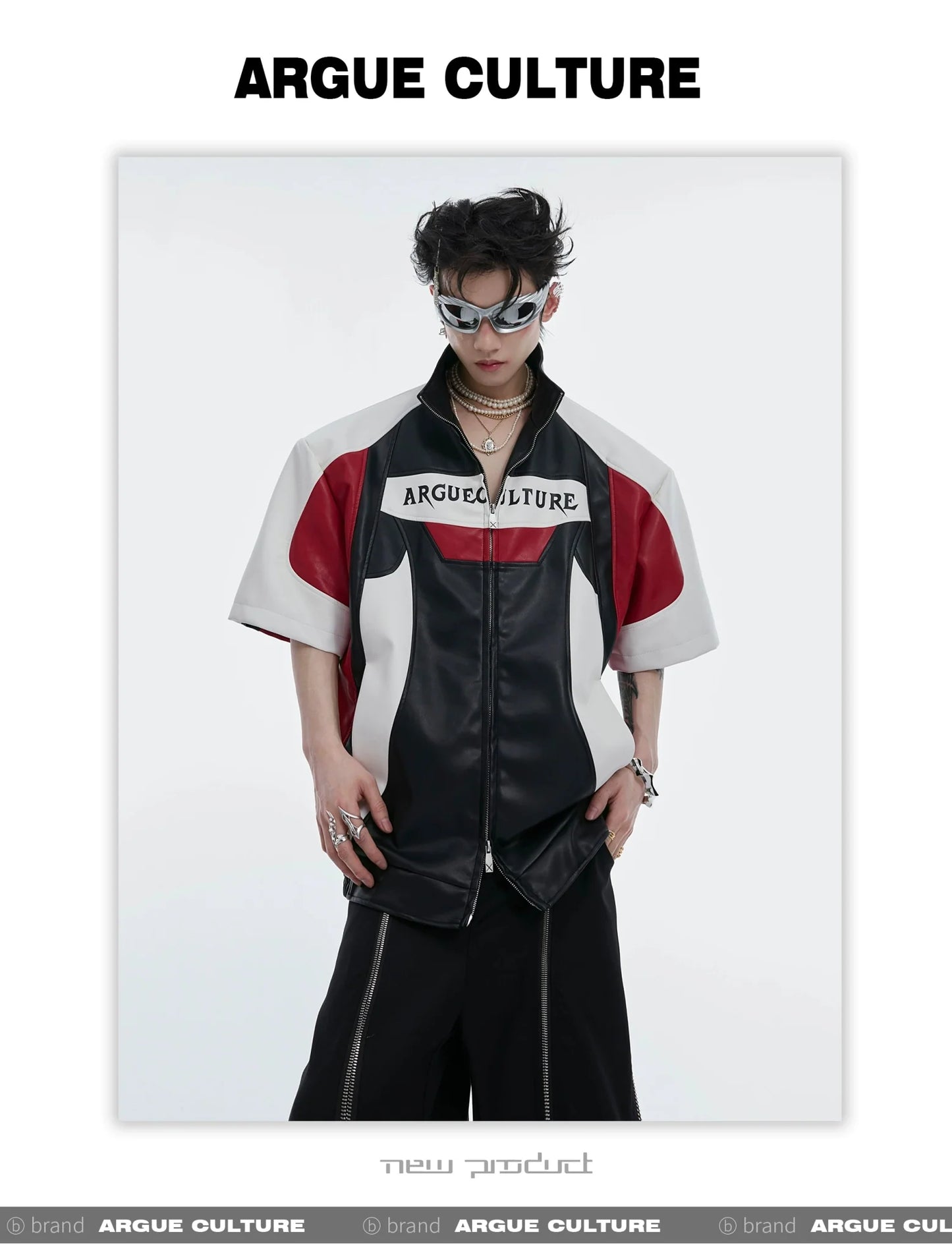 Avant-Garde Color Block Biker Faux Leather Jacket with Deconstructed