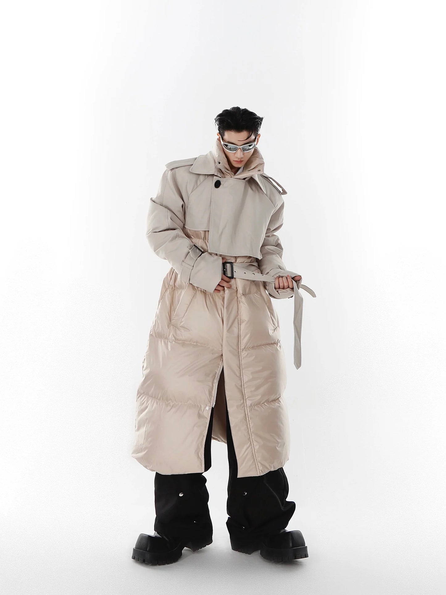 Avant-Garde Deconstructed Down Coat | Two-Piece Long Trench and Puffer Jacket