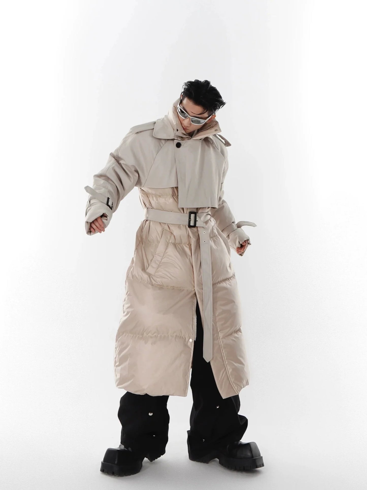 Avant-Garde Deconstructed Down Coat | Two-Piece Long Trench and Puffer Jacket