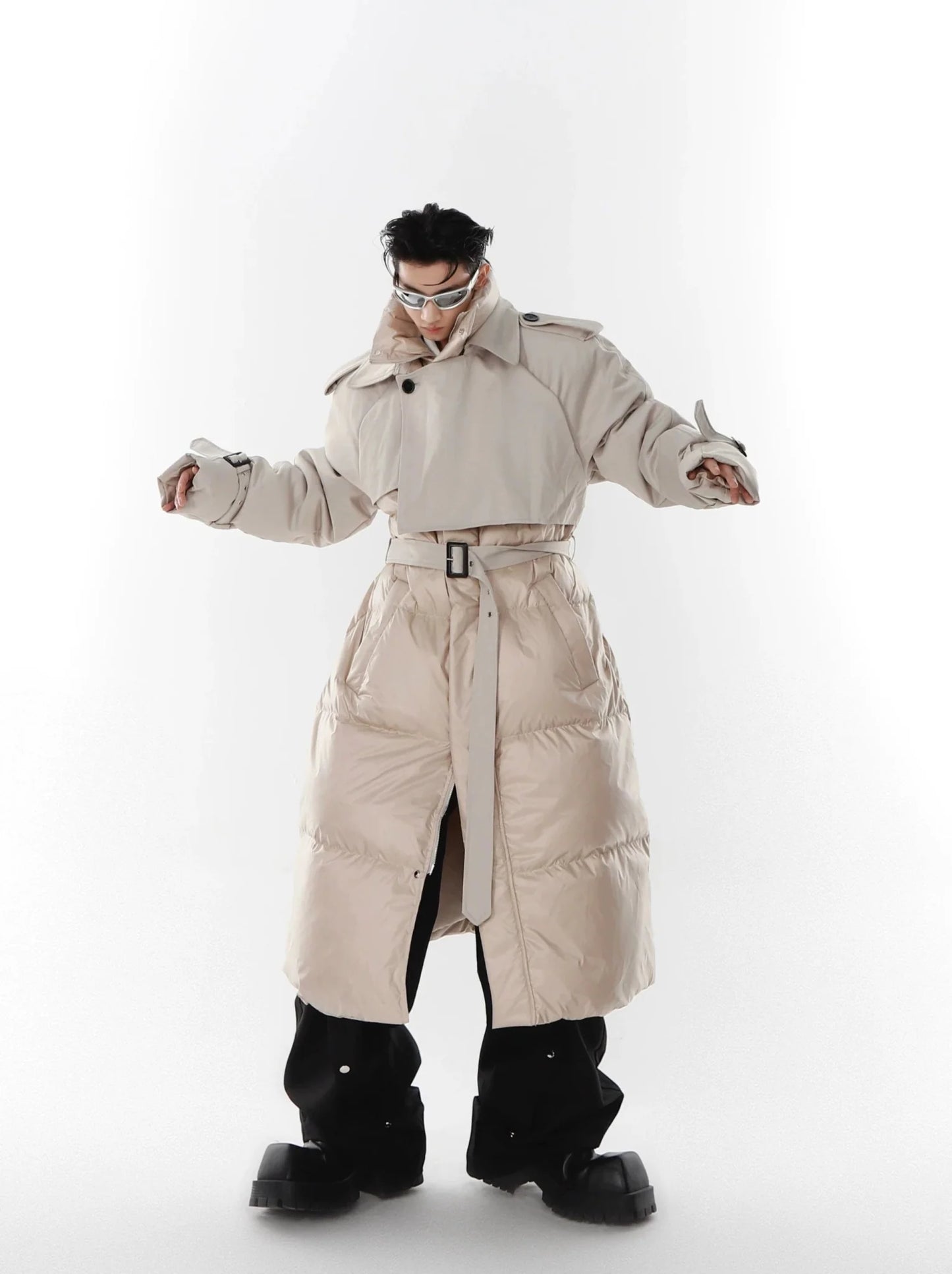 Avant-Garde Deconstructed Down Coat | Two-Piece Long Trench and Puffer Jacket