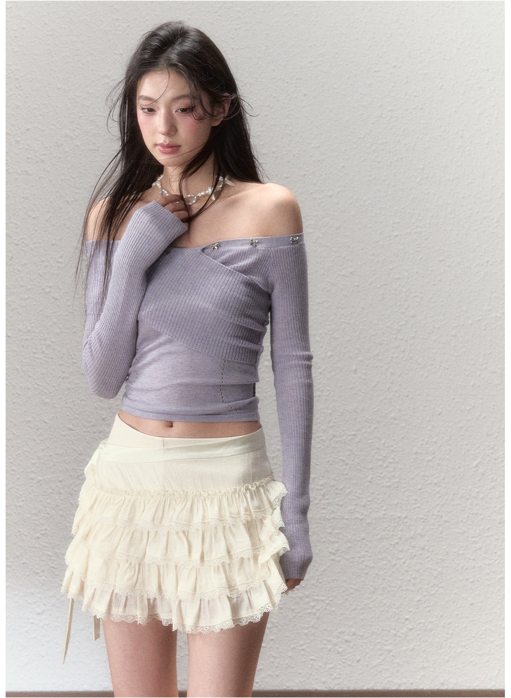 Wringkle Choker Slim Knitted Top