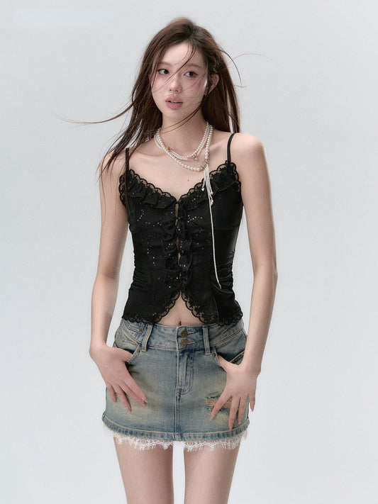 Sparkly Lace Ruffled Edge Tank Top