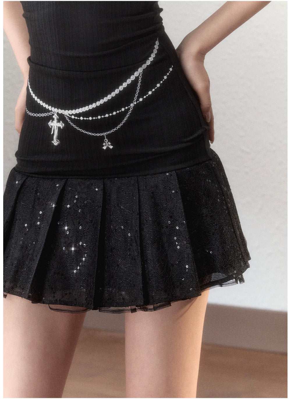 Black Pearl Chain Sequin Patchwork Mini Dress