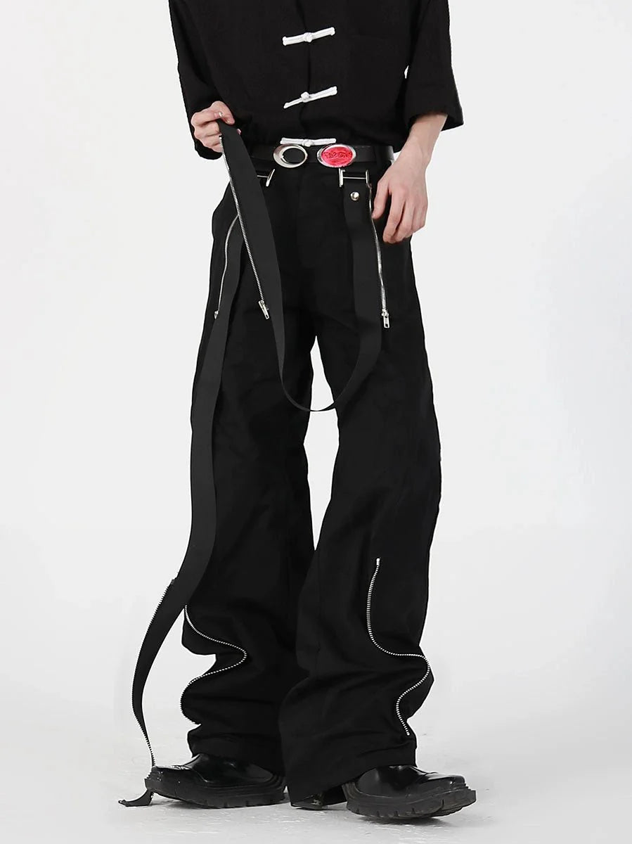 Black Casual Pants with Metal Zipper and Streamer Patchwork Design