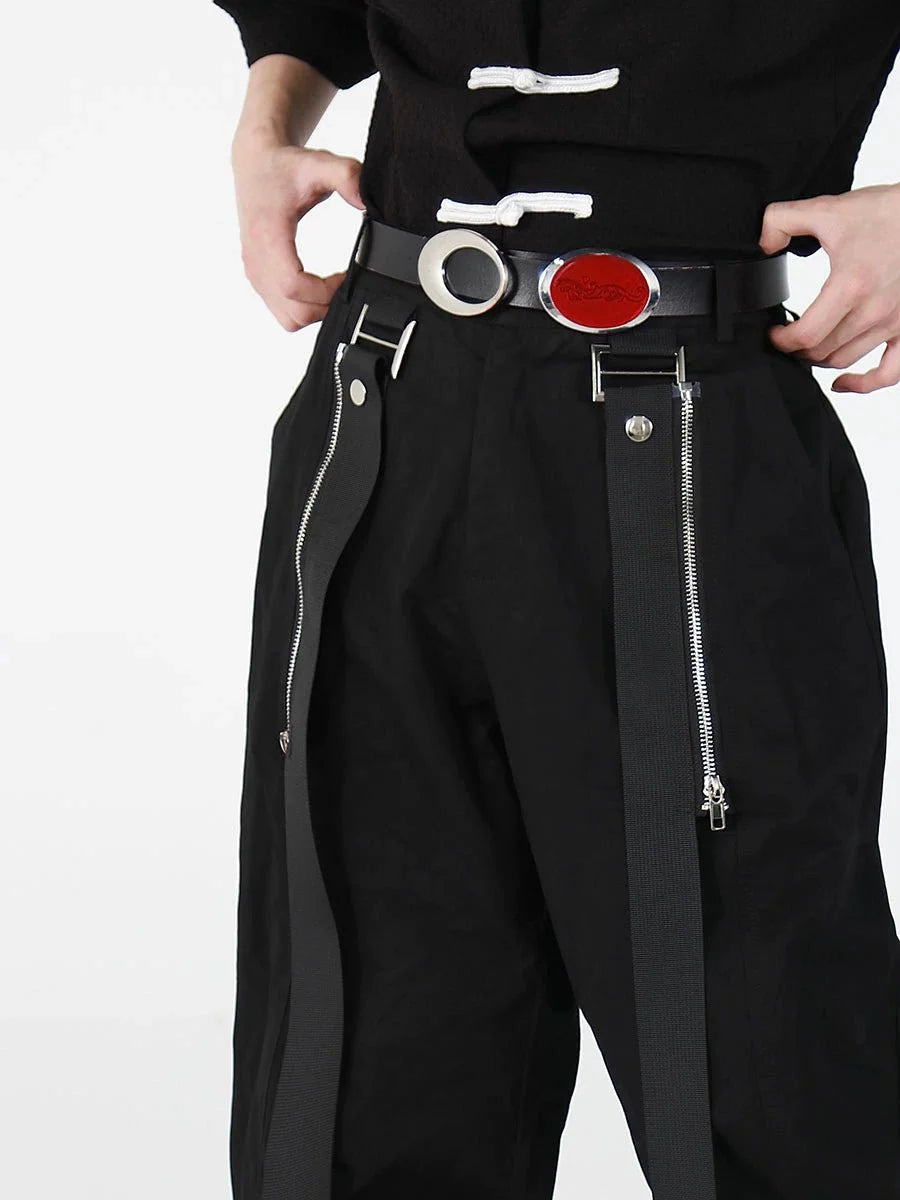 Black Casual Pants with Metal Zipper and Streamer Patchwork Design