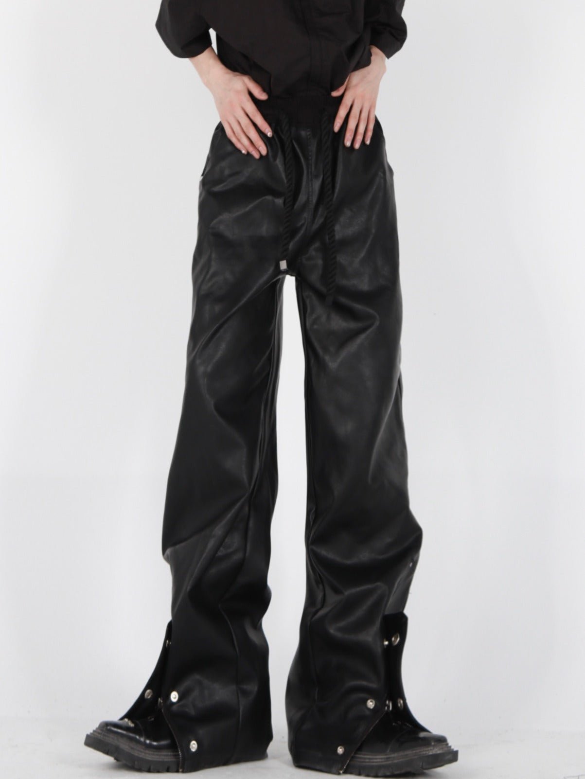 Button-Zip Faux Leather Pants with Thick Rope | Steatwear Trousers