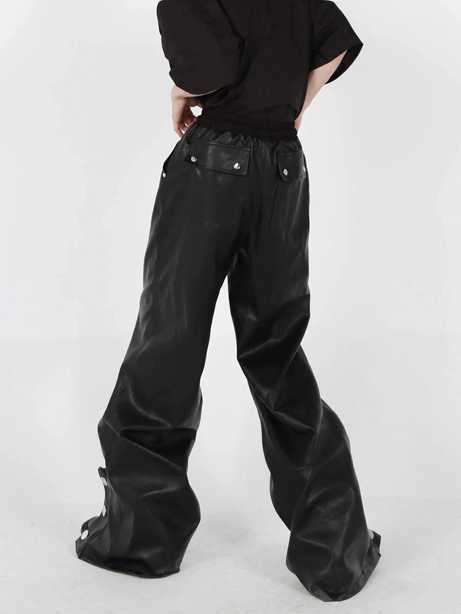 Button-Zip Faux Leather Pants with Thick Rope | Steatwear Trousers