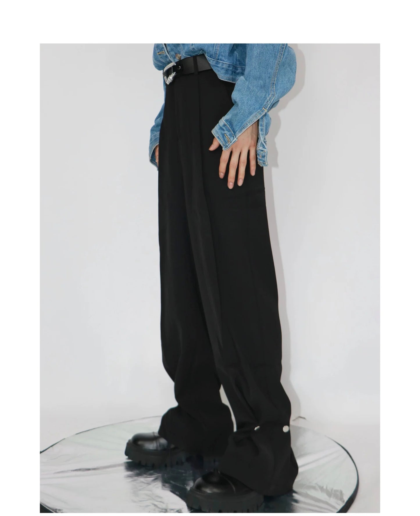 Casual Wide Leg Suit Pants with Unique Metal Button Detailing