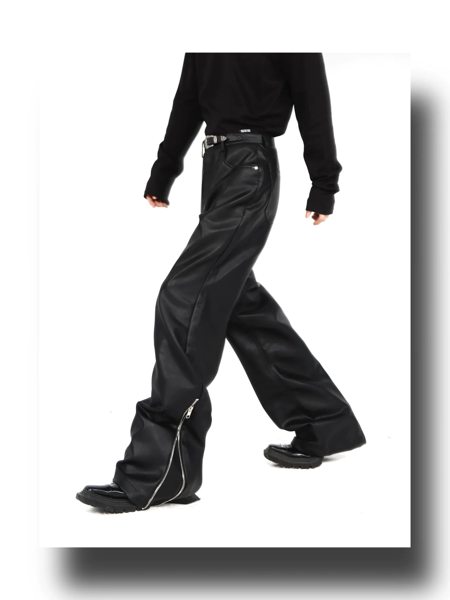 Chic Faux Leather Wide-Leg Pants with Zipper Split and Metal Buckle