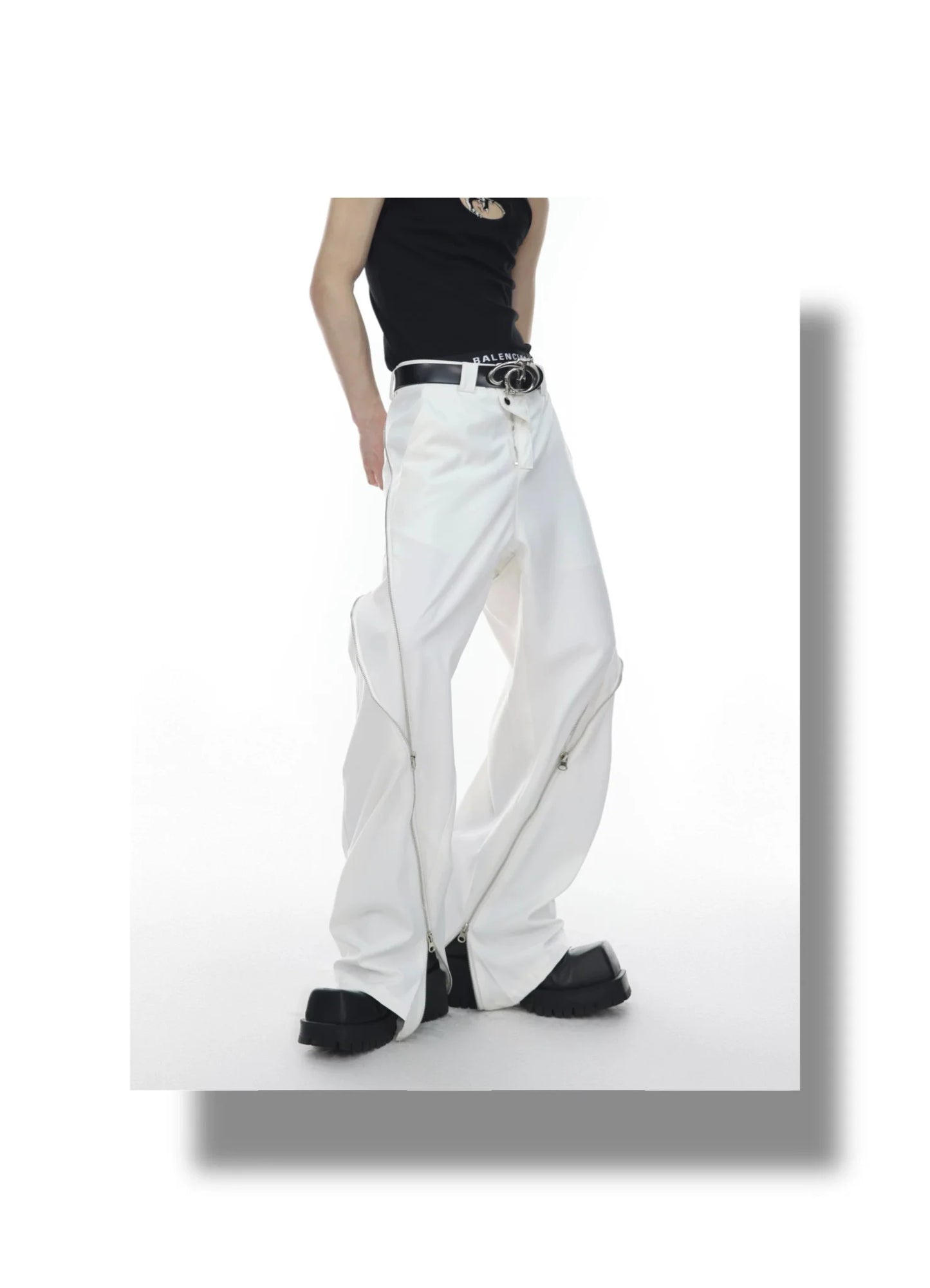 Chic White Wide Leg Pants with Spliced Zipper Detail and Split Hem