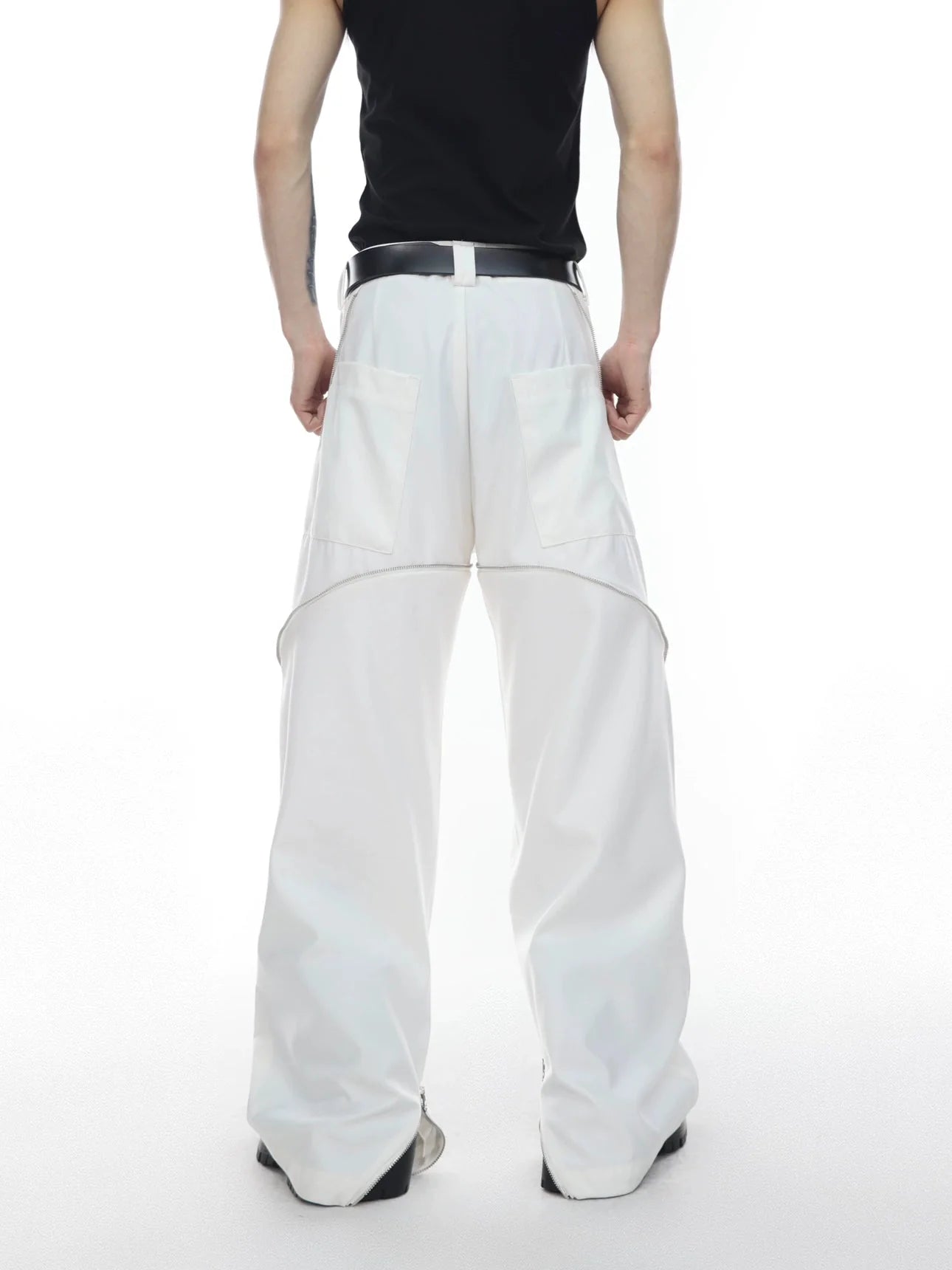 Chic White Wide Leg Pants with Spliced Zipper Detail and Split Hem