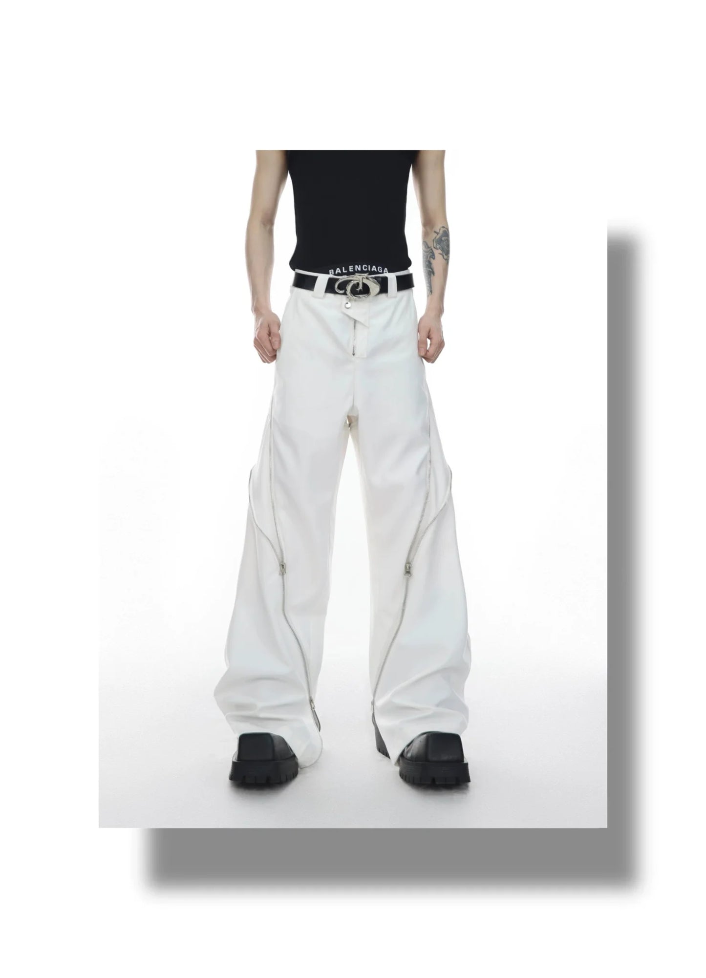 Chic White Wide Leg Pants with Spliced Zipper Detail and Split Hem