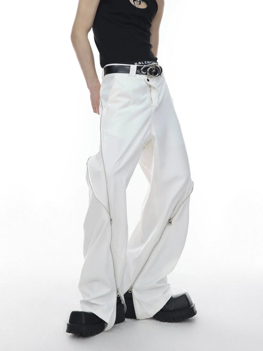 Chic White Wide Leg Pants with Spliced Zipper Detail and Split Hem