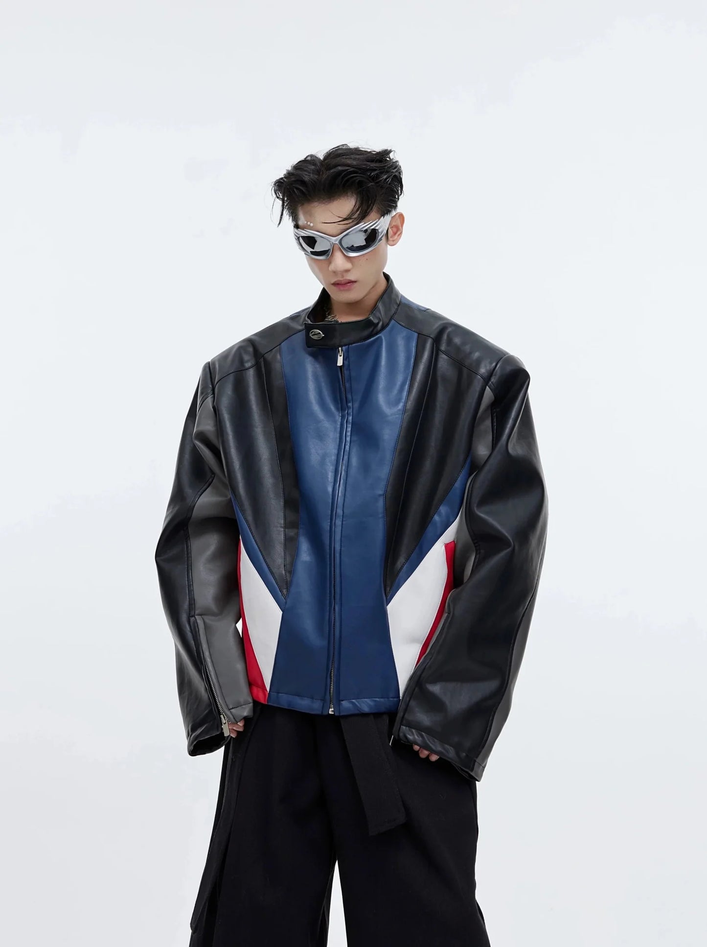 Color-Block Biker Faux Leather Jacket | Padded Shoulder Short Coat