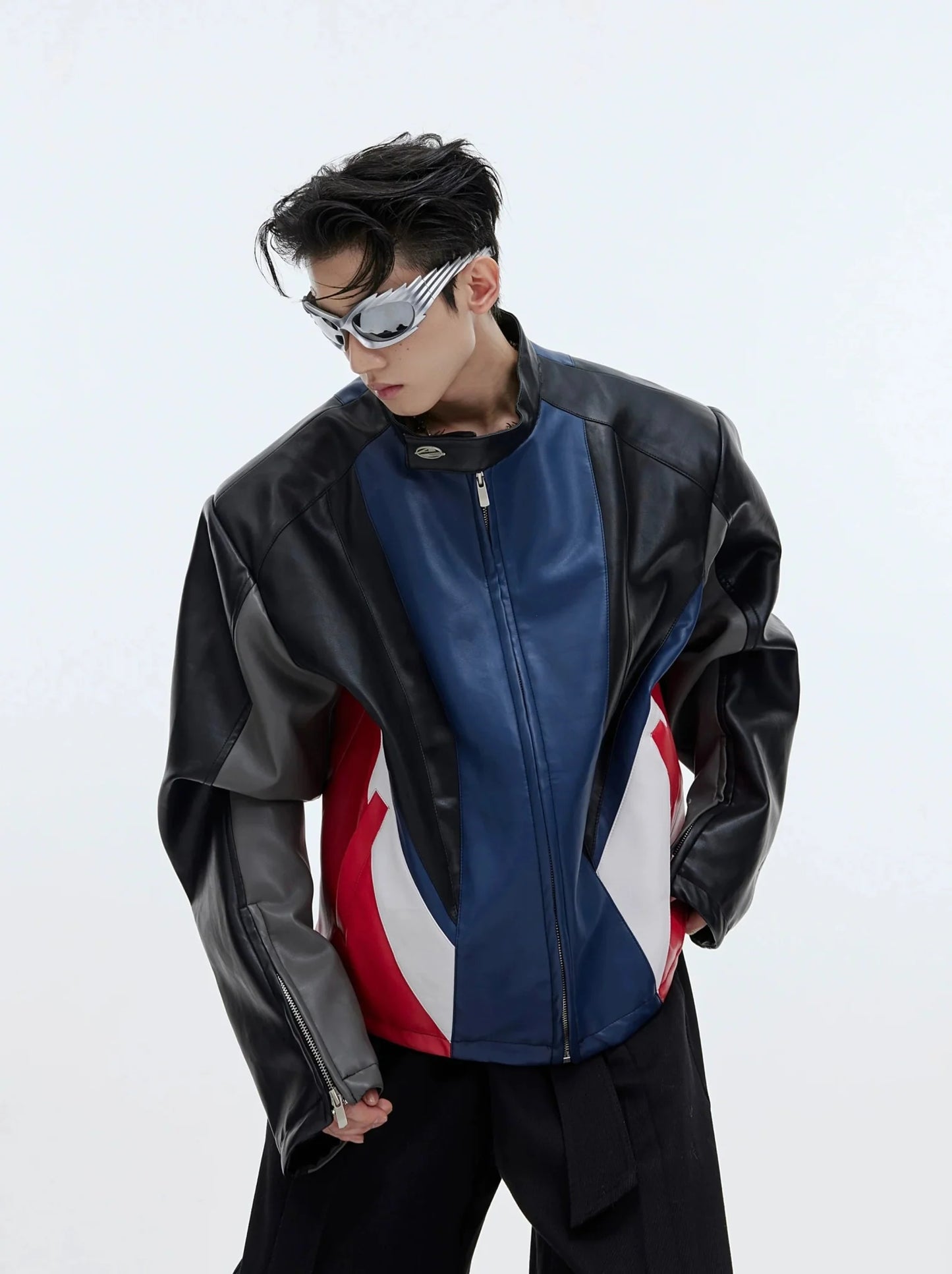 Color-Block Biker Faux Leather Jacket | Padded Shoulder Short Coat