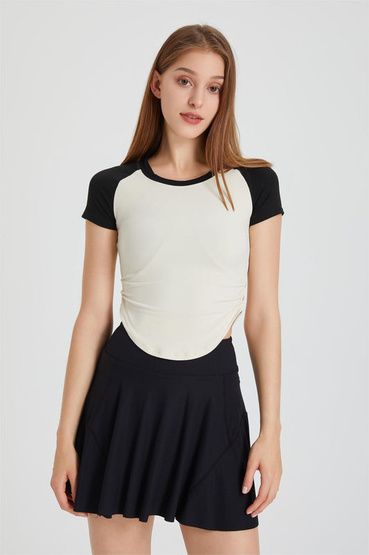 컬러 블록 크롭 반소매 티셔츠