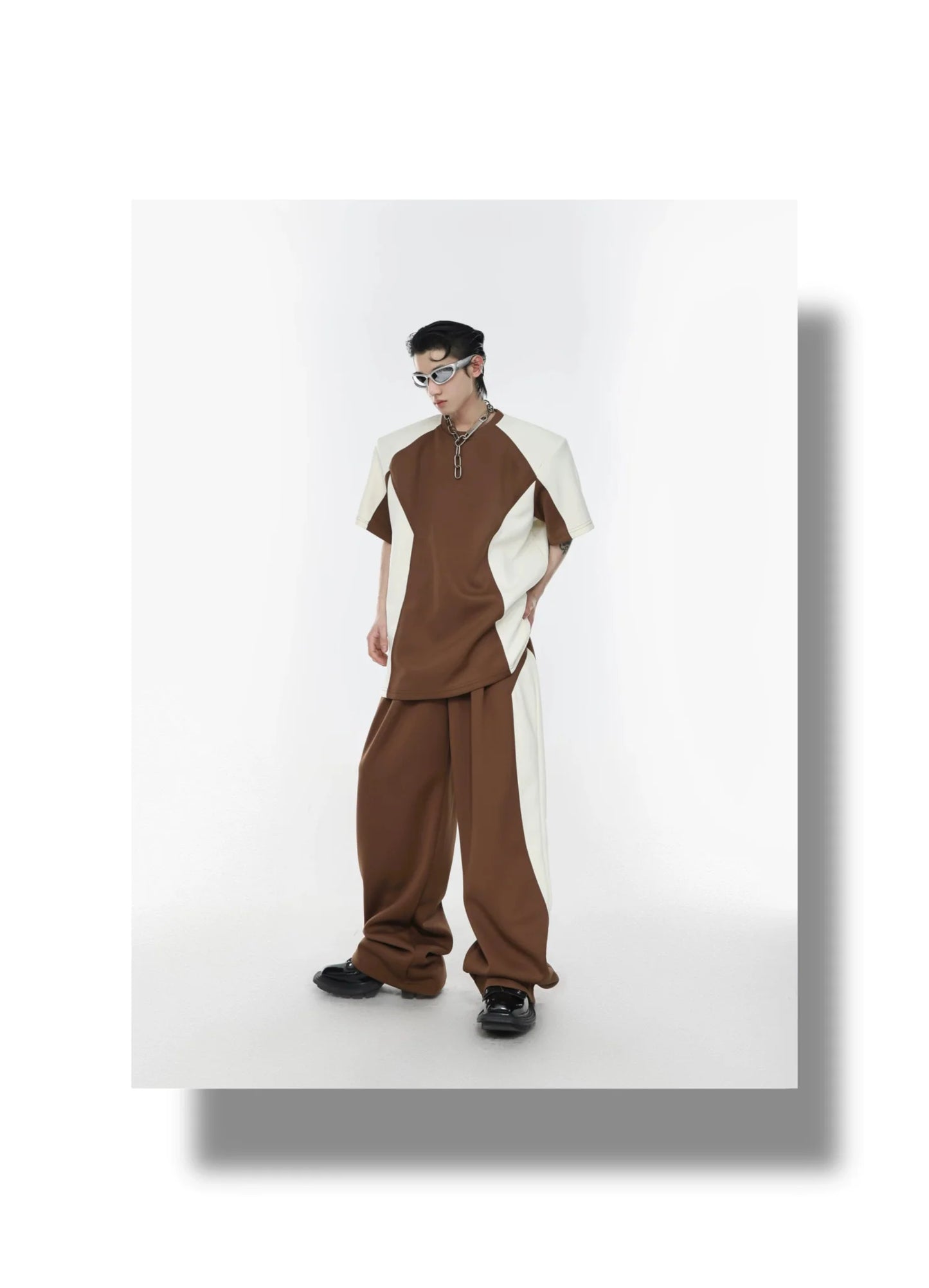 Color Blocking Shoulder Pad Short Sleeve Casual T-Shirt and Sports Set