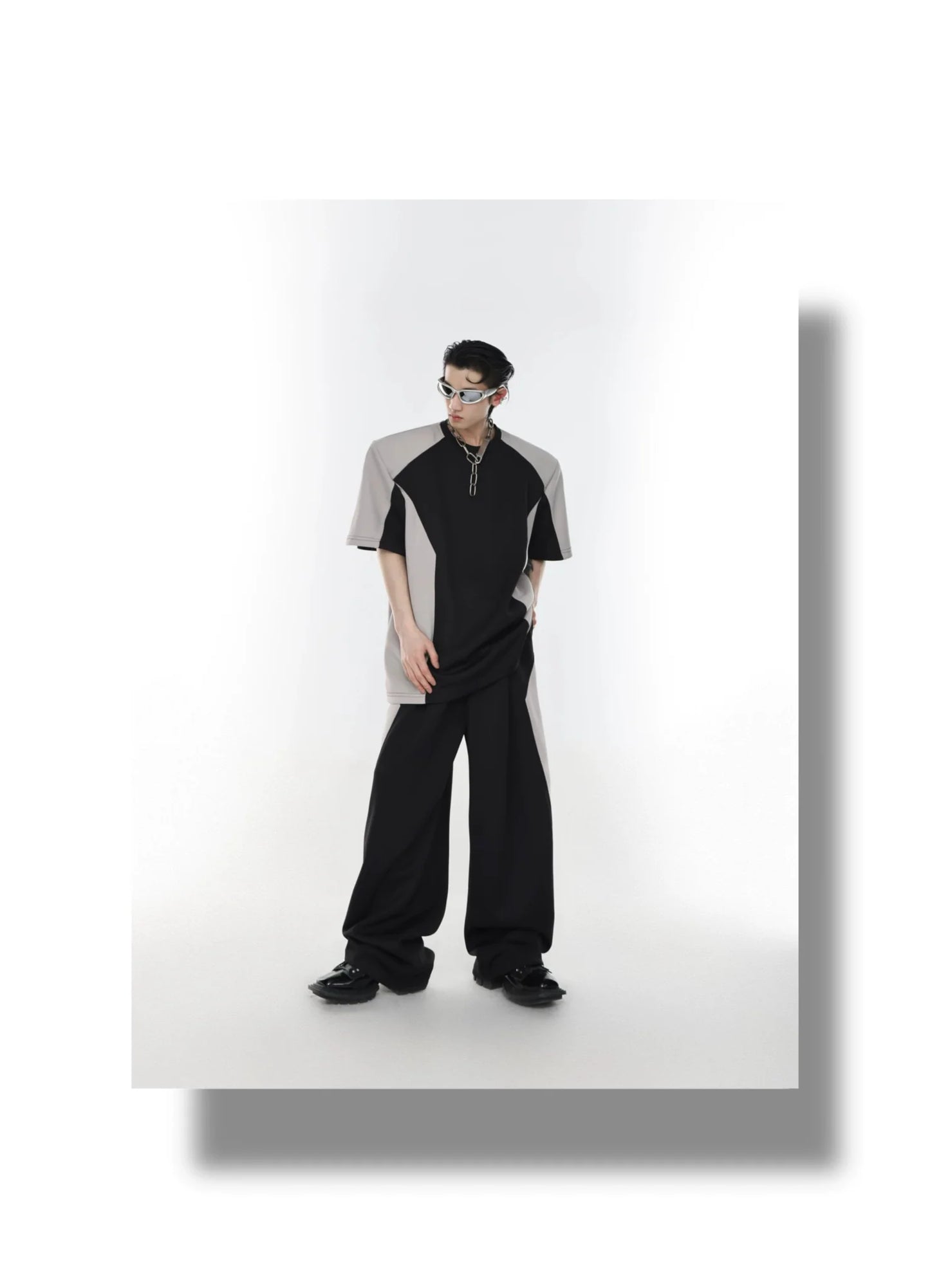 Color Blocking Shoulder Pad Short Sleeve Casual T-Shirt and Sports Set