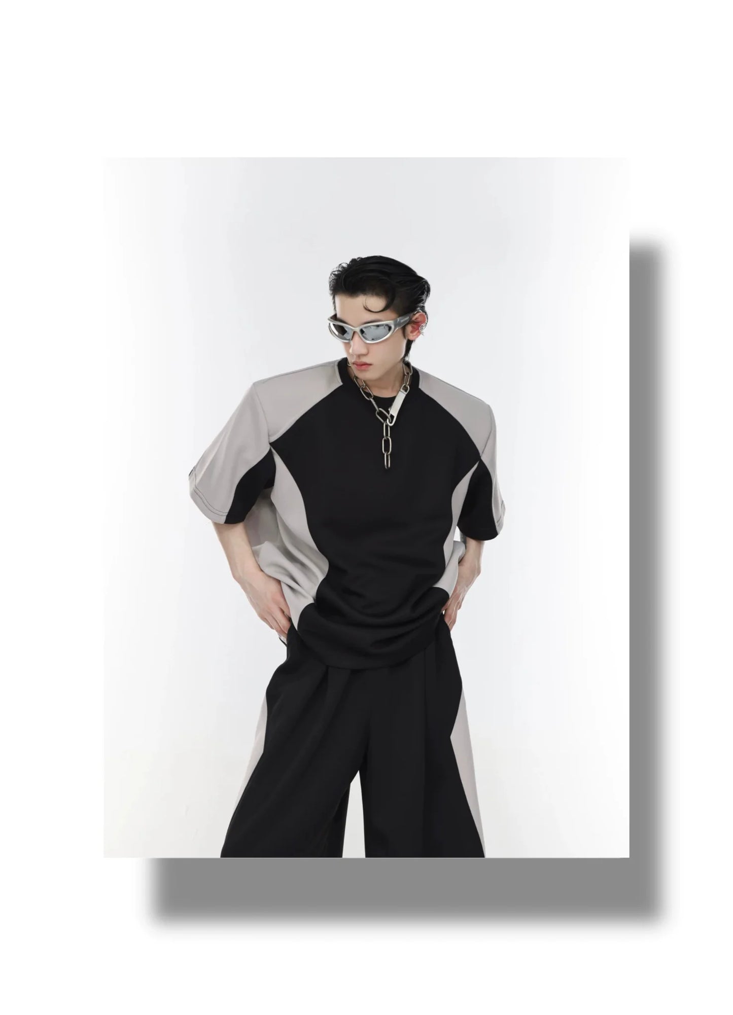 Color Blocking Shoulder Pad Short Sleeve Casual T-Shirt and Sports Set