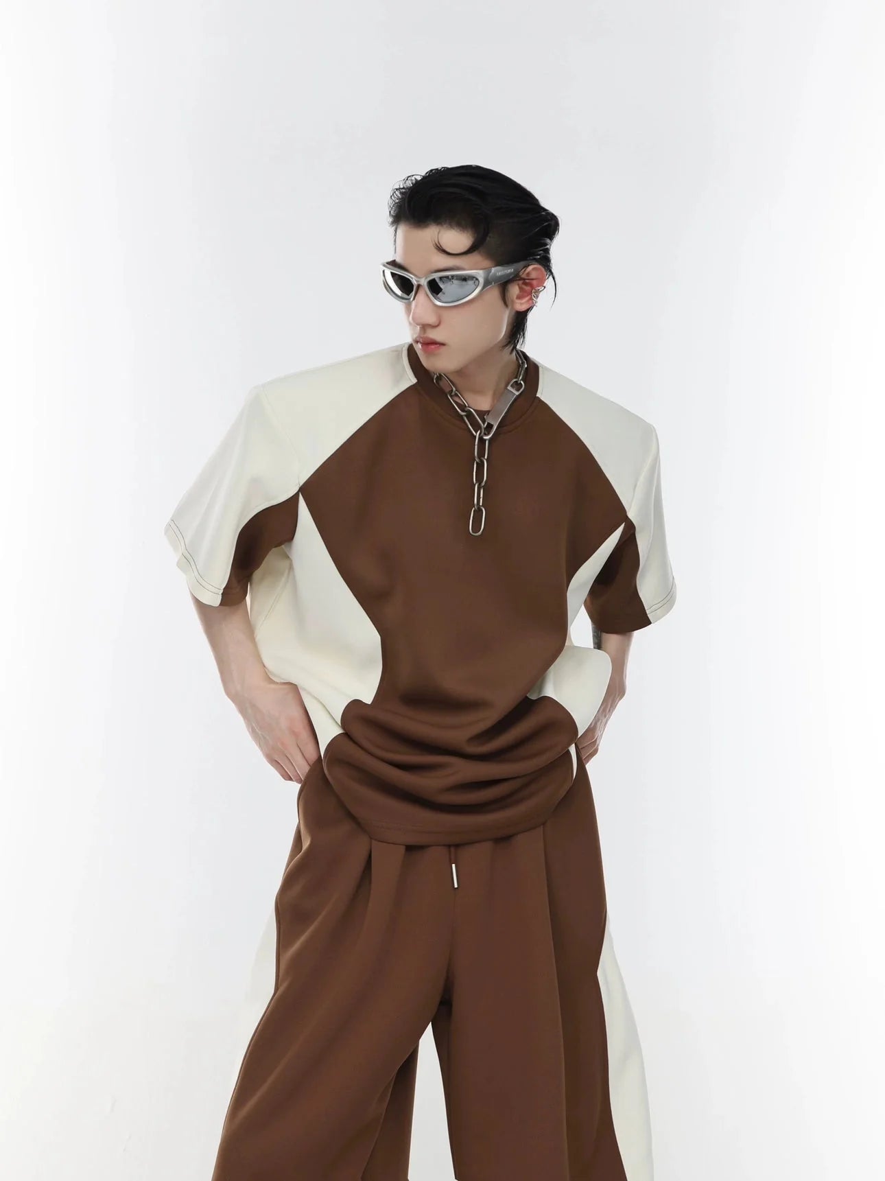 Color Blocking Shoulder Pad Short Sleeve Casual T-Shirt and Sports Set