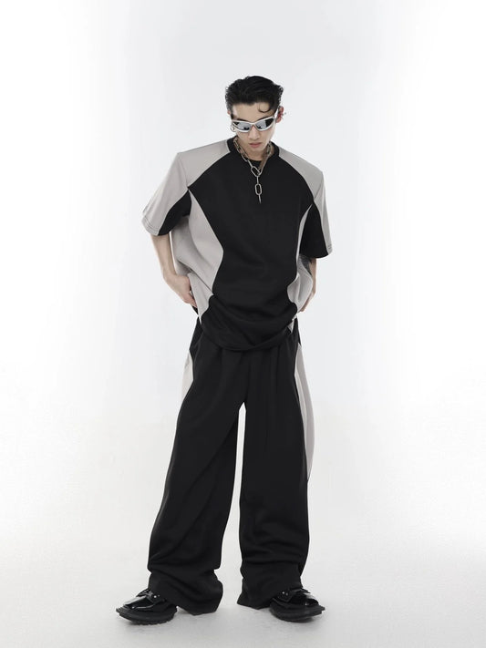 Color Blocking Shoulder Pad Short Sleeve Casual T-Shirt and Sports Set