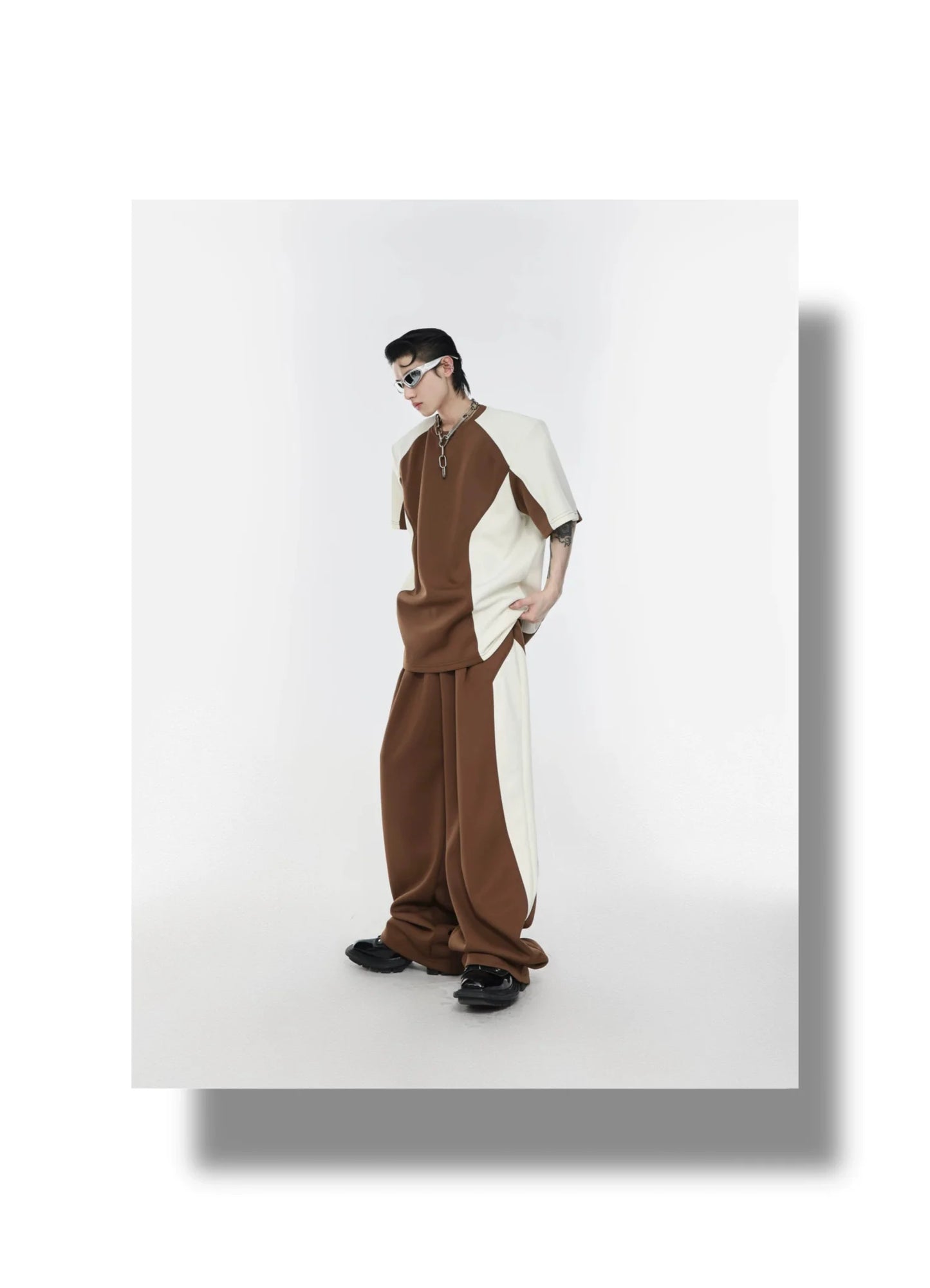 Color Blocking Shoulder Pad Short Sleeve Casual T-Shirt and Sports Set