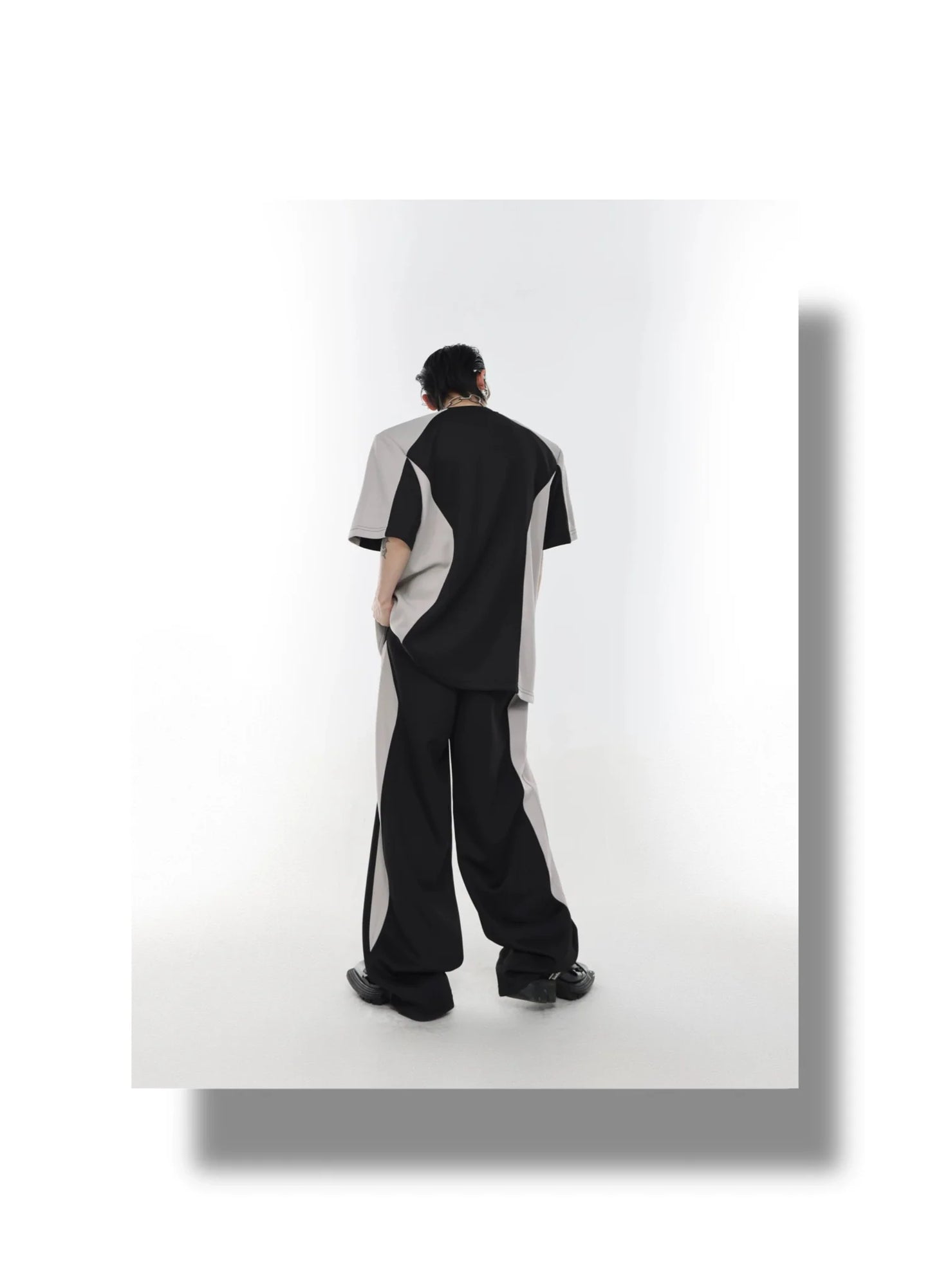 Color Blocking Shoulder Pad Short Sleeve Casual T-Shirt and Sports Set